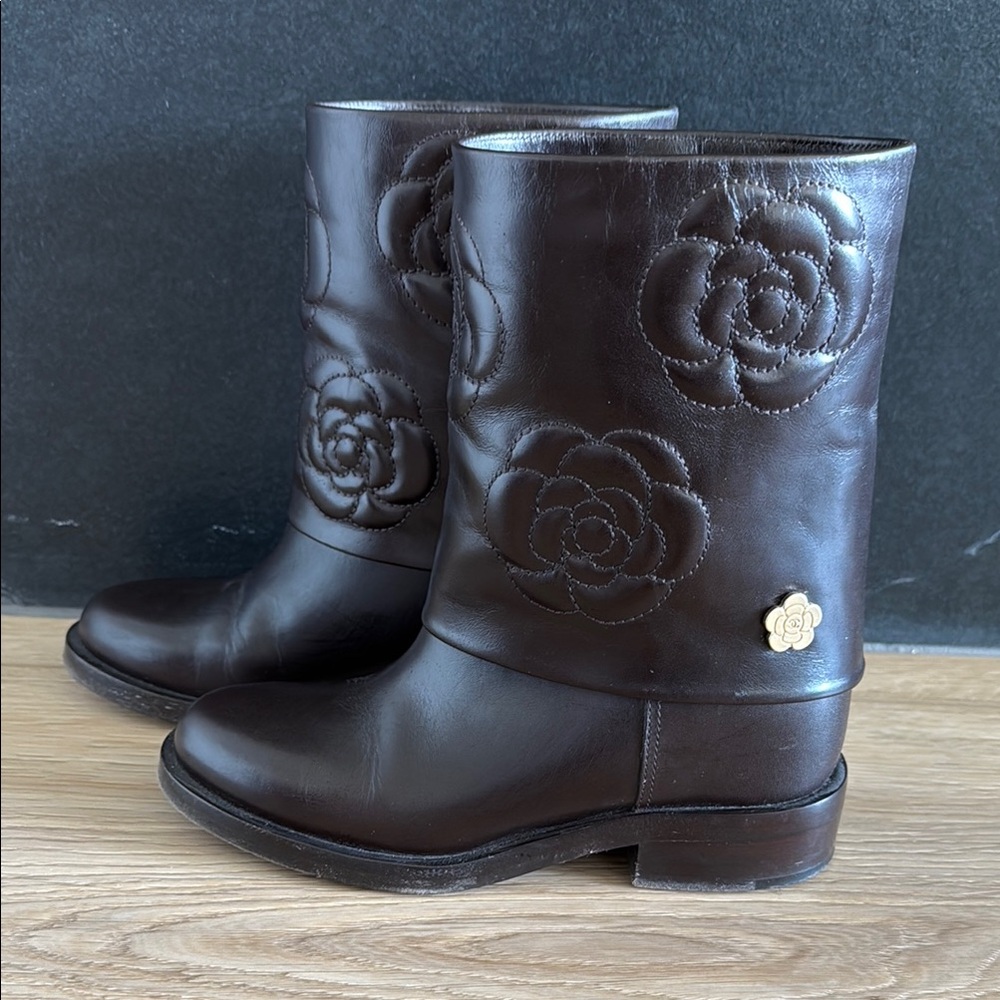 Chanel Chocolate Camellia Embroidered Cuffed Mid Calf Boots